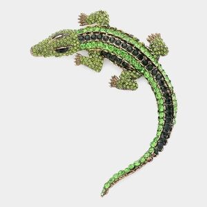 Green Crocodile Alligator Pave Crystal Bling 4.4" Brooch Pin Rhinestone